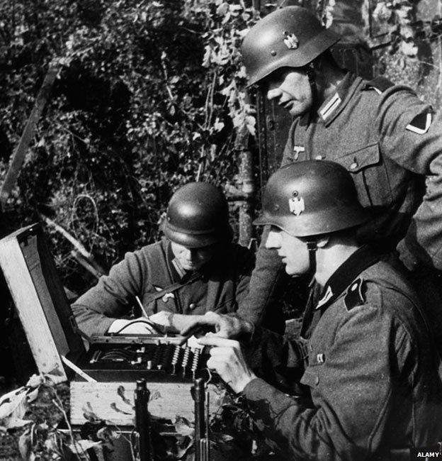 German soldiers using a coding machine