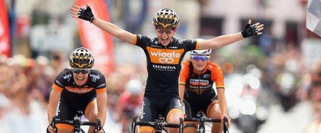 Laura Trott crosses the line to win the National Road Race title in Abergavenny, Monmouthshire