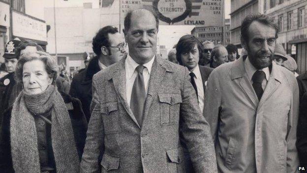 Sacked Leyland convenor Derek Robinson leads a protest march alongside Labour MP for Nuneaton, Leslie Huckfield