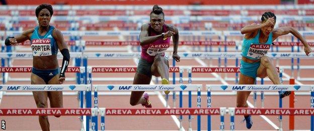 Diamond League women's 100m hurdles winner Dawn Harper-Nelson (centre), with Great Britain's Tiffany Porter (left)