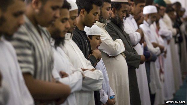 Men praying at East London mosque