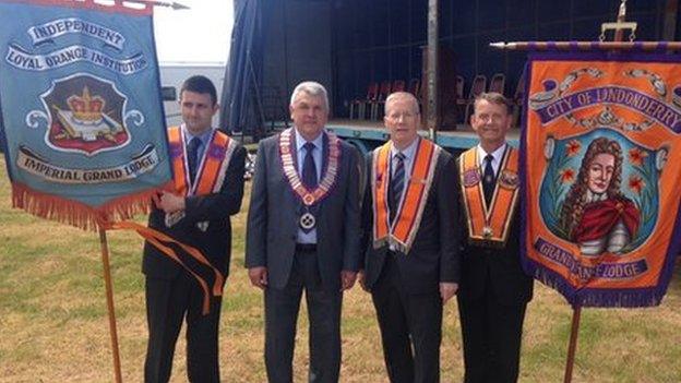 Bevan Mark, Alan McLean Grand Master Independent Orange Order Gregory Campbell MP and Ald. Maurice Devenney Londonderry Grand Orange Lodge