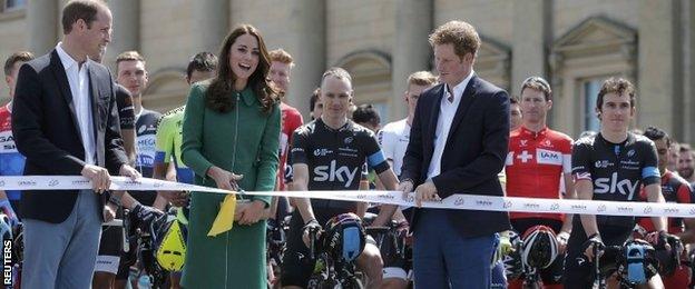 The Duke and Duchess of Cambridge and Prince Harry cut the ribbon to start the Tour de France