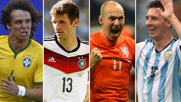 David Luiz, Thomas Mueller, Arjen Robben and Lionel Messi