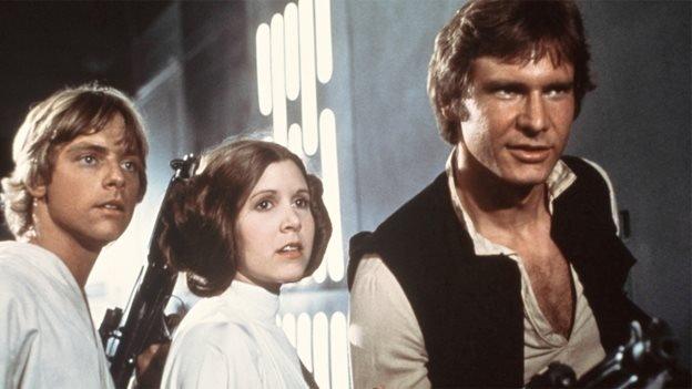 Harrison Ford, Carrie Fisher, and Mark Hamill as Han Solo, Princess Leia and Luke Skywalker in Star Wars