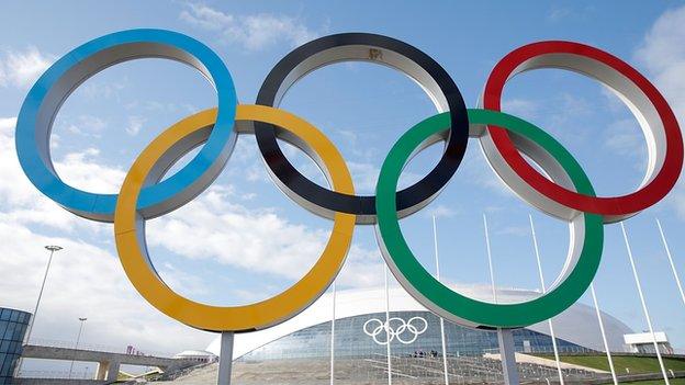 The Olympic rings in front of the Bolshoy Ice Dome prior to the Sochi 2014 Winter Olympics