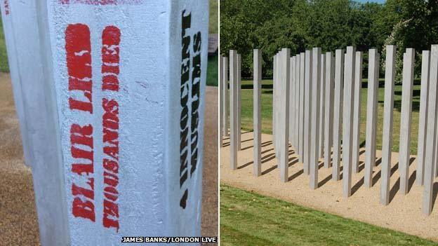 Graffiti on the 7/7 monument (left) and before it was defaced (right)