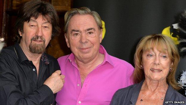 Director Trevor Nunn, composer Andrew Lloyd Webber and choreographer Gillian Lynne pose during a photocall for Cats