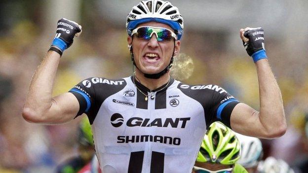 Germany's sprinter Marcel Kittel crosses the finish line