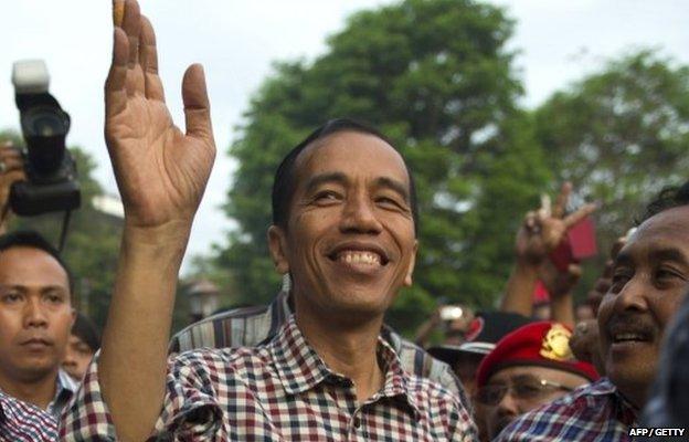 Joko Widodo, the former Jakarta governor, arriving in his hometown in Solo city during a campaign in central Java island on 14 June 2014