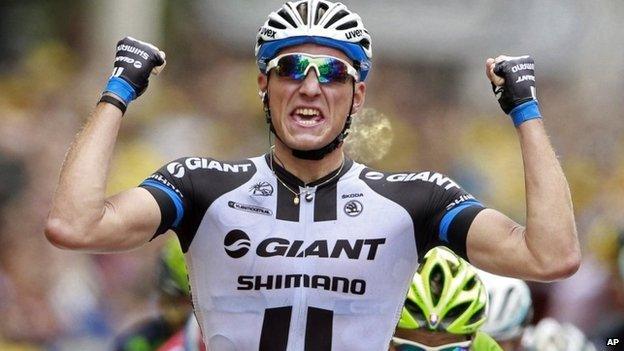 Germany's sprinter Marcel Kittel crosses the finish line