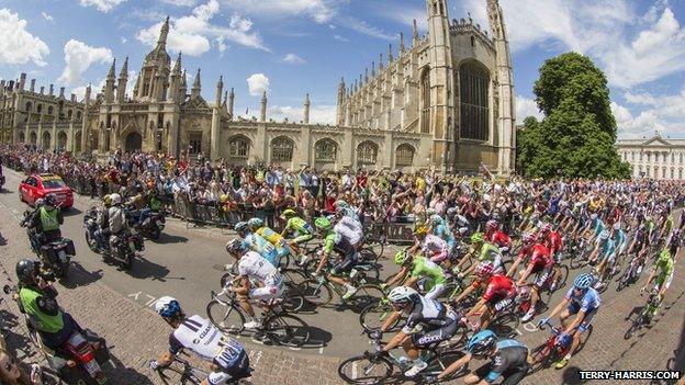 Tour de France riders in front of King's College, Cambridge