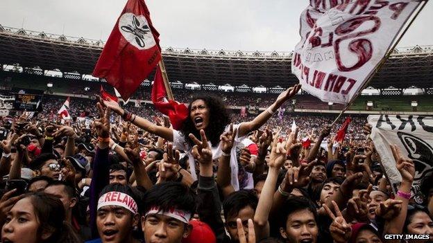 Supporters of Joko Widodo attend a campaign rally on July 5, 2014 in Jakarta