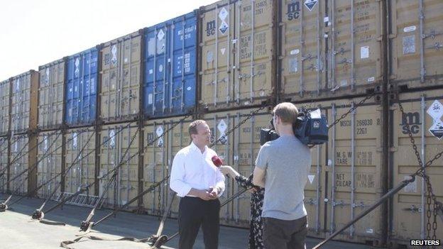 Media interviewing Danish foreign minister on board Ark Futura