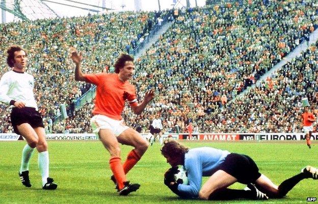 Johan Cruyff is prevented from scoring by West Germany's Sepp Maier in 1974