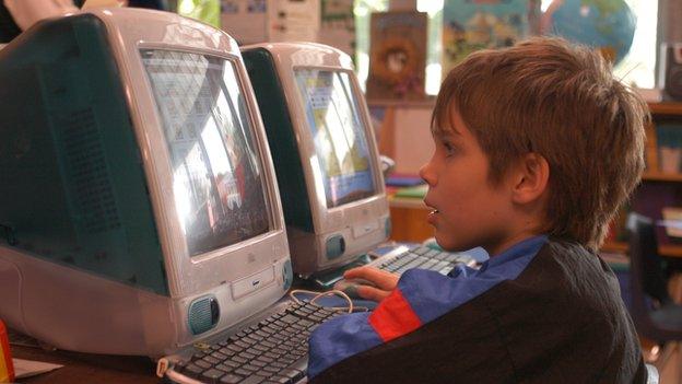 Mason at the computer