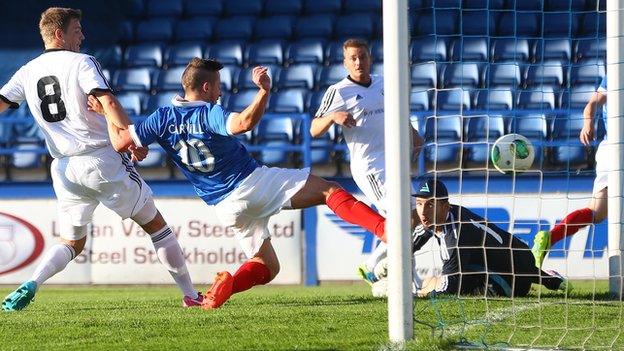 Michael Carvill scores Linfield's goal against B36 Torshavn