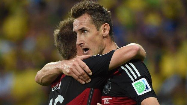 Miroslav Klose celebrates scoring for Germany against Brazil