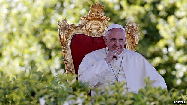 Pope Francis looks on after he gave a speech outside the Castelpetroso sanctuary, near Isernia, south of Italy - 5 July 2014