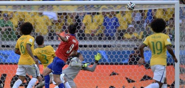 Mauricio Pinilla hits the bar for Chile aganst Brazil