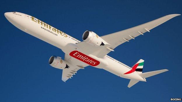 A picture of a 777X in Emirates livery