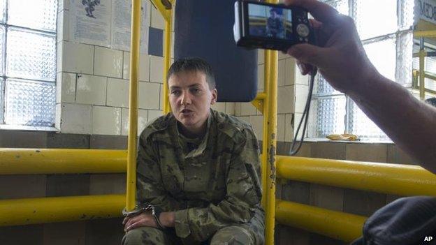 Nadiya Savchenko, 33, speaks to journalists shortly after her capture in Luhansk, Ukraine, 19 June