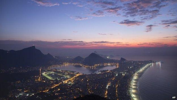 View from the Morro Dois Irmaos as the day begins to dawn in Rio de Janeiro on 17 May 2014