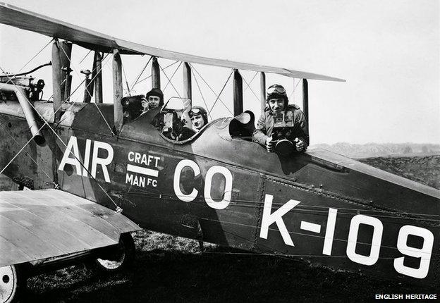 Francis Lewis Wills, pilot Jerry Shaw and Claude Friese-Greene take to the air in a DH9B biplane in July 1919