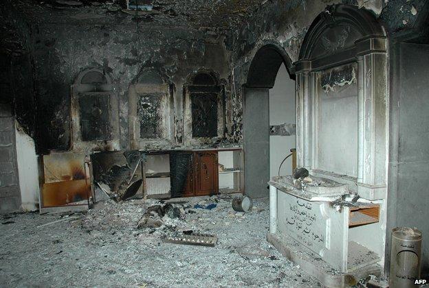 The damaged interior of Homs Umm Zinnar Church