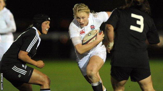 Alexandra Matthews of England Women takes on New Zealand Women defence during the England Women v New Zealand Womens match at the Army Rugby Stadium on November 27