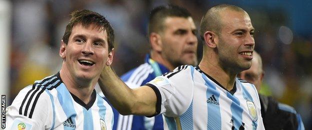 Lionel Messi (left) and Javier Mascherano celebrate Argentina's penalty shootout victory over the Netherlands in the 2014 Fifa World Cup semi-final in Sao Paulo