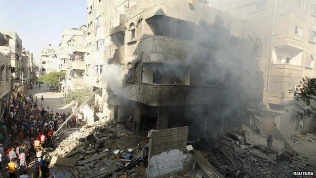 The site of an Israeli strike in Gaza City, 10 July