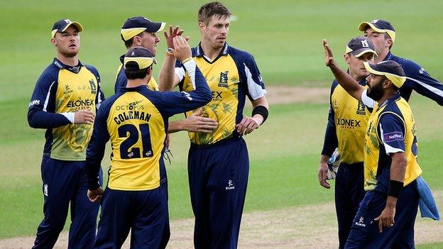 Bears players celebrate a wicket in the home defeat by Nottinghamshire