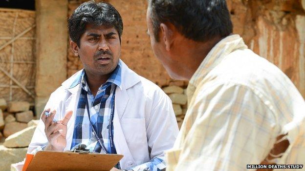 Man in white coat with clipboard interviewing a man outside