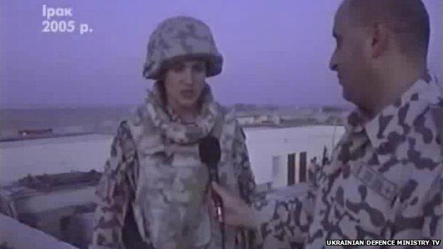 Nadia Savchenko speaks to a reporter while serving in Iraq in 2005, in a still image of footage used in a feature report by Ukrainian Defence Ministry TV