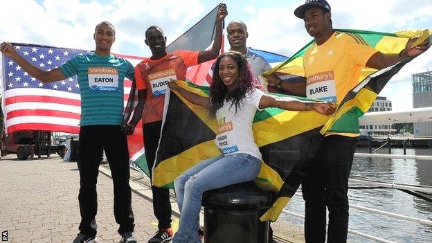 (From lefto to right) Ashton Eaton, David Rudisha, James Dasaolu, Yohan Blake and Shelly-Ann Fraser-Pryce