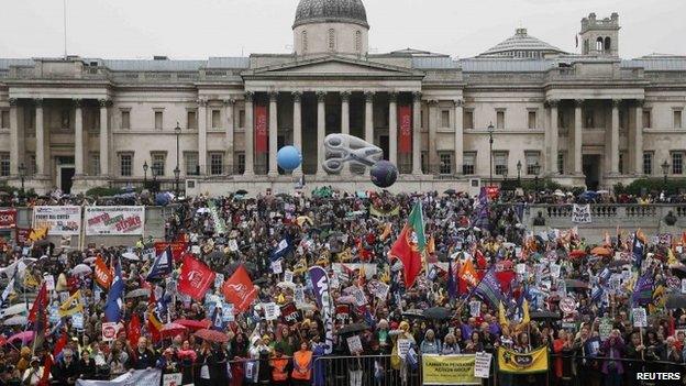 People on strike in Trafalgar Square, London on 10/7/14