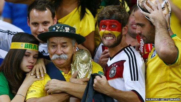 Brazilian and German fans at Mineirao stadium, W Cup semi-final