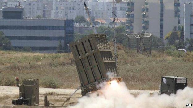 An Iron Dome missile is launched to counter rockets from Gaza, 11 July