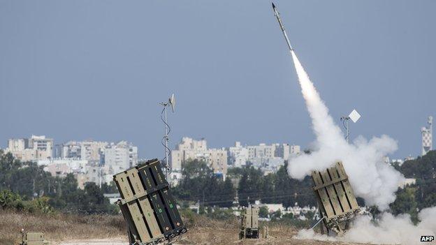 The Iron Dome air-defence system fires to intercept a rocket over the city of Ashdod on 8 July 2014, in Ashdod, Israel.