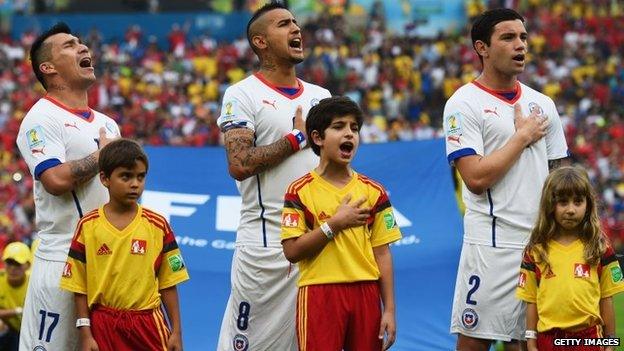 Gary Medel, Arturo Vidal and Eugenio Mena of Chile