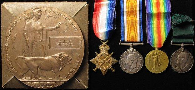 Death plaque and medals of Sgt William Pritchard