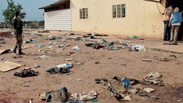 Debris outside the Kali-Ballee Mosque in the own of Bentiu