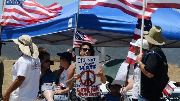 Anti-immigration protestors demonstrated outside a detention facility in California on 7 July.