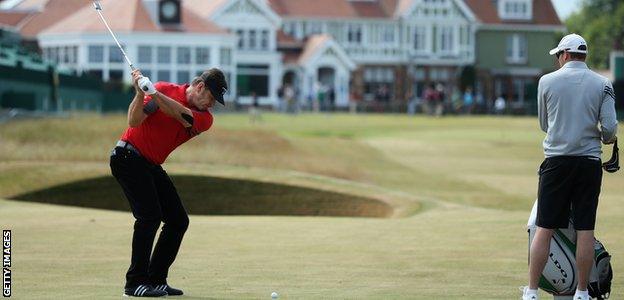 Nick Faldo hits a shot on the 18th hole at Muirfield