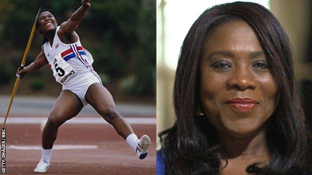 Tessa Sanderson, pictured in 1985 and today