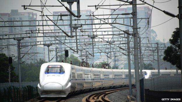 A high-speed train travels on the railway to Beijing in Nanning, southern China's Guangxi province on 13 June, 2014