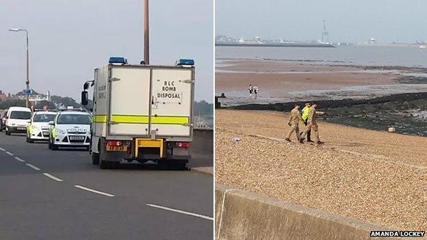 Police and bomb disposal officers on the beach