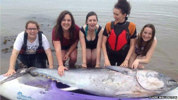 Five girls with blue fin tuna