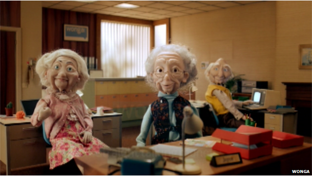 Still from Wonga ad with puppet grandparents